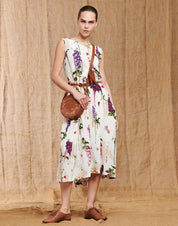 Dappled Light ivory flowing sleeveless dress in floral printed silk