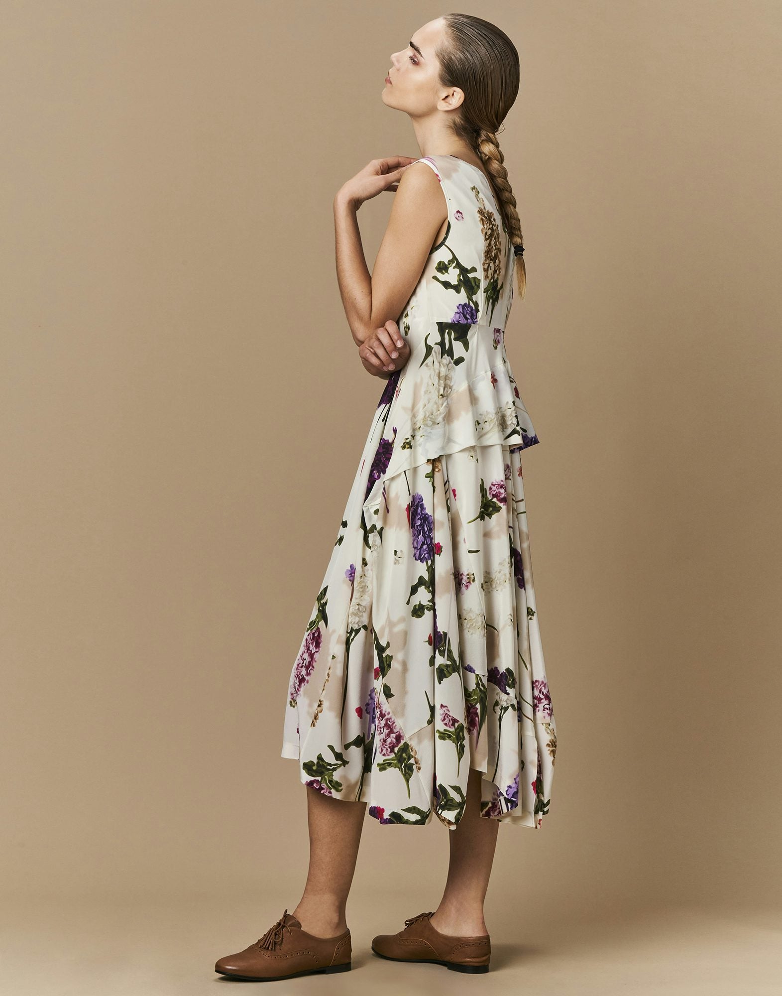 Dappled Light ivory flowing sleeveless dress in floral printed silk
