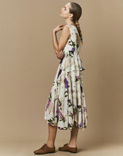 Dappled Light ivory flowing sleeveless dress in floral printed silk