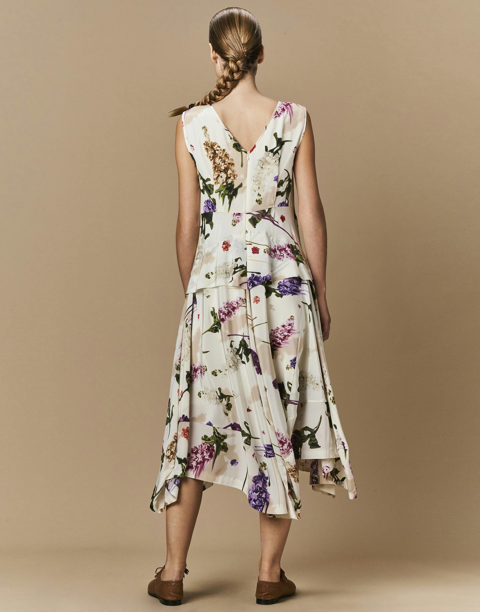 Dappled Light ivory flowing sleeveless dress in floral printed silk
