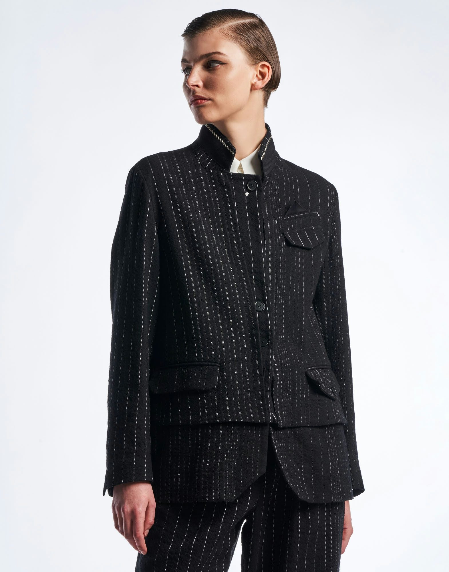 Exceed Stand collar jacket in irregular pinstripe