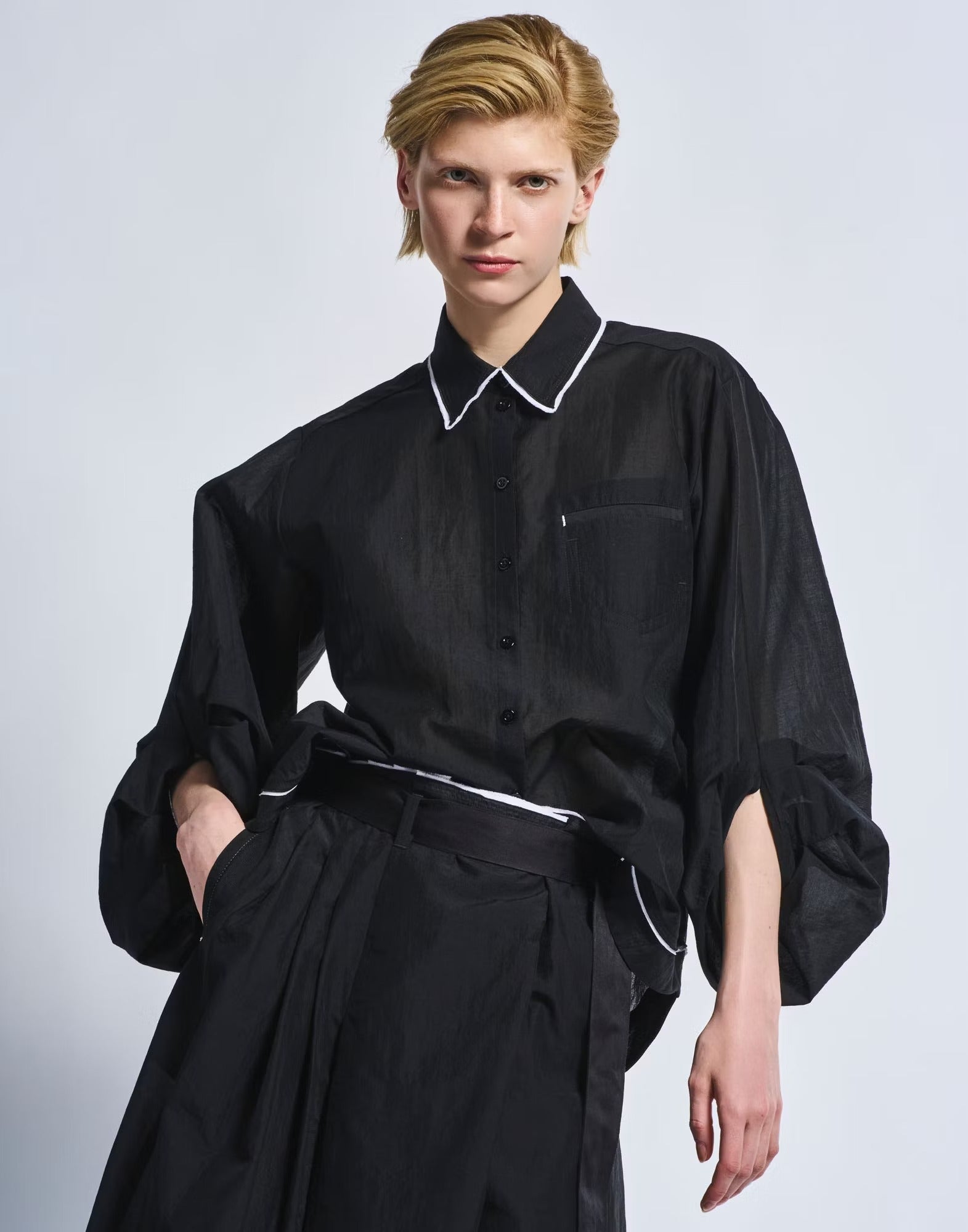 Proclaim Oversized black organza shirt with puff sleeves Black