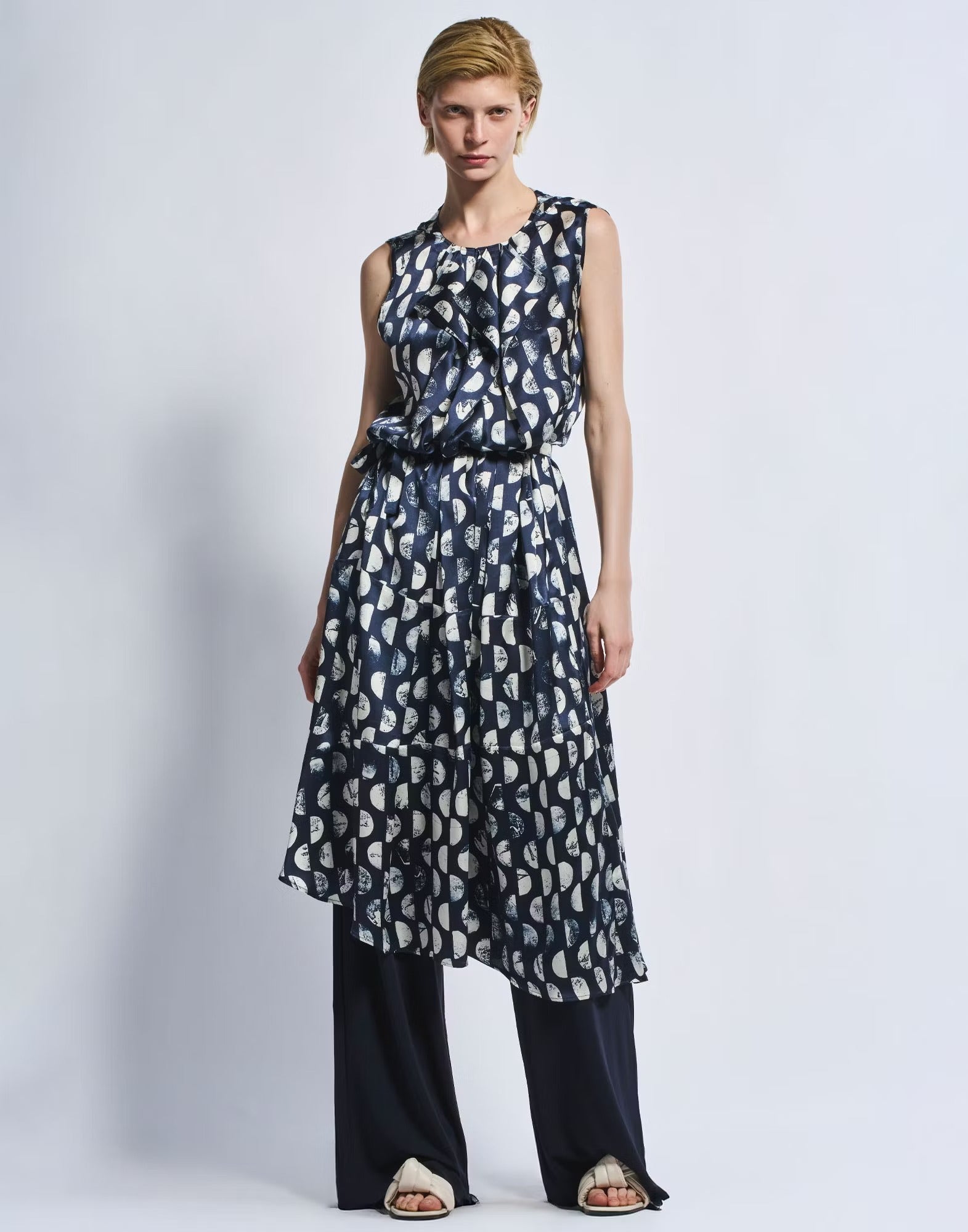 Perfectionist Silk satin midi dress with blue and white polka dots