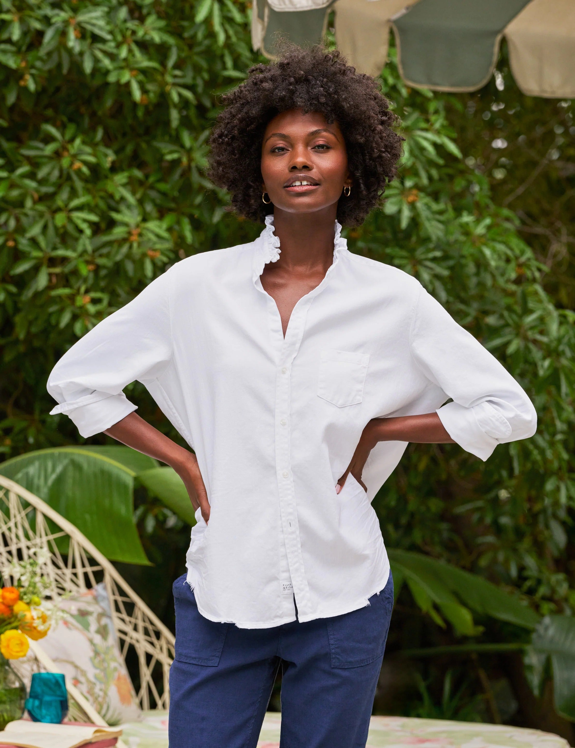 Eileen White Ruffle Collar Button-Up Shirt