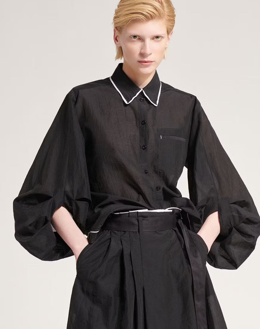 Proclaim Oversized black organza shirt with puff sleeves Black