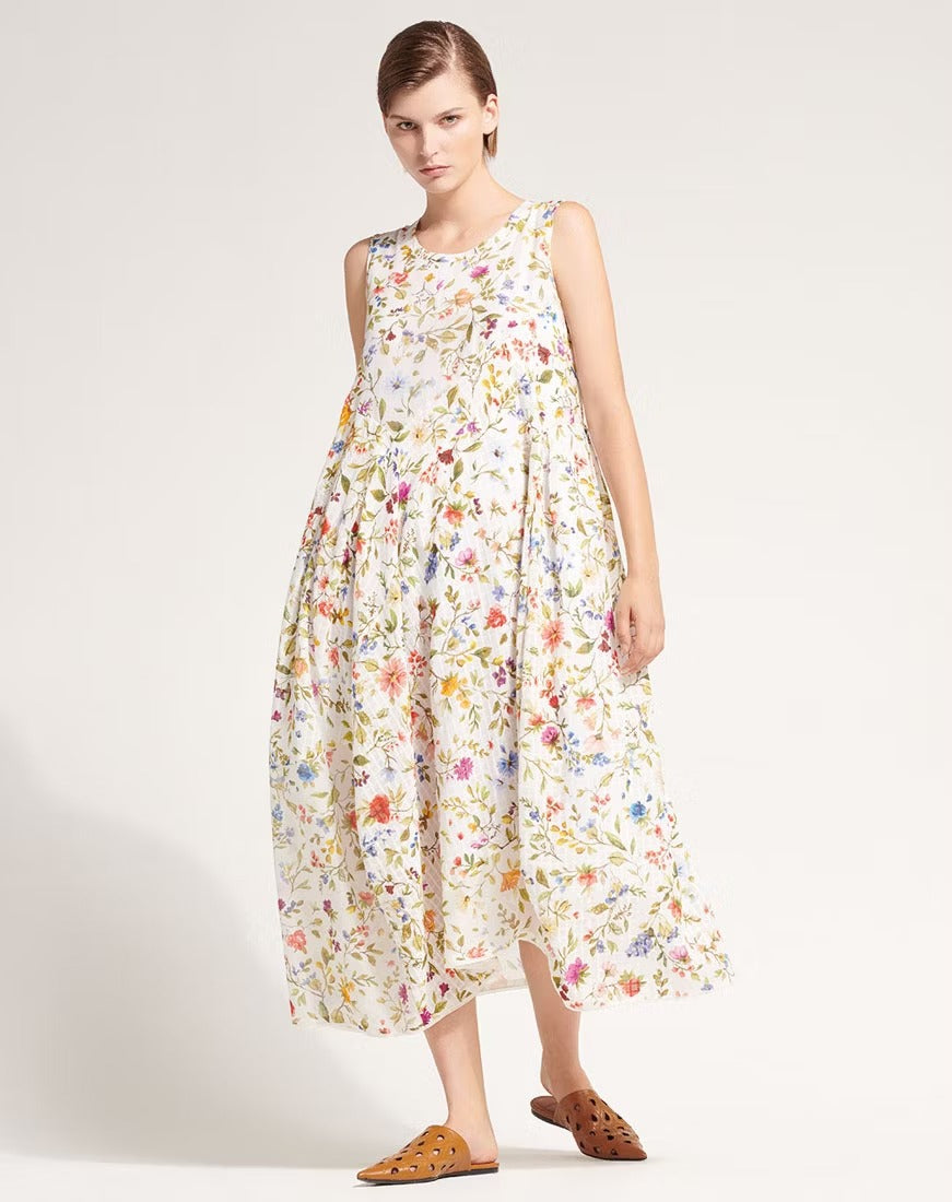 Awakening Silk and cotton white dress with floral print