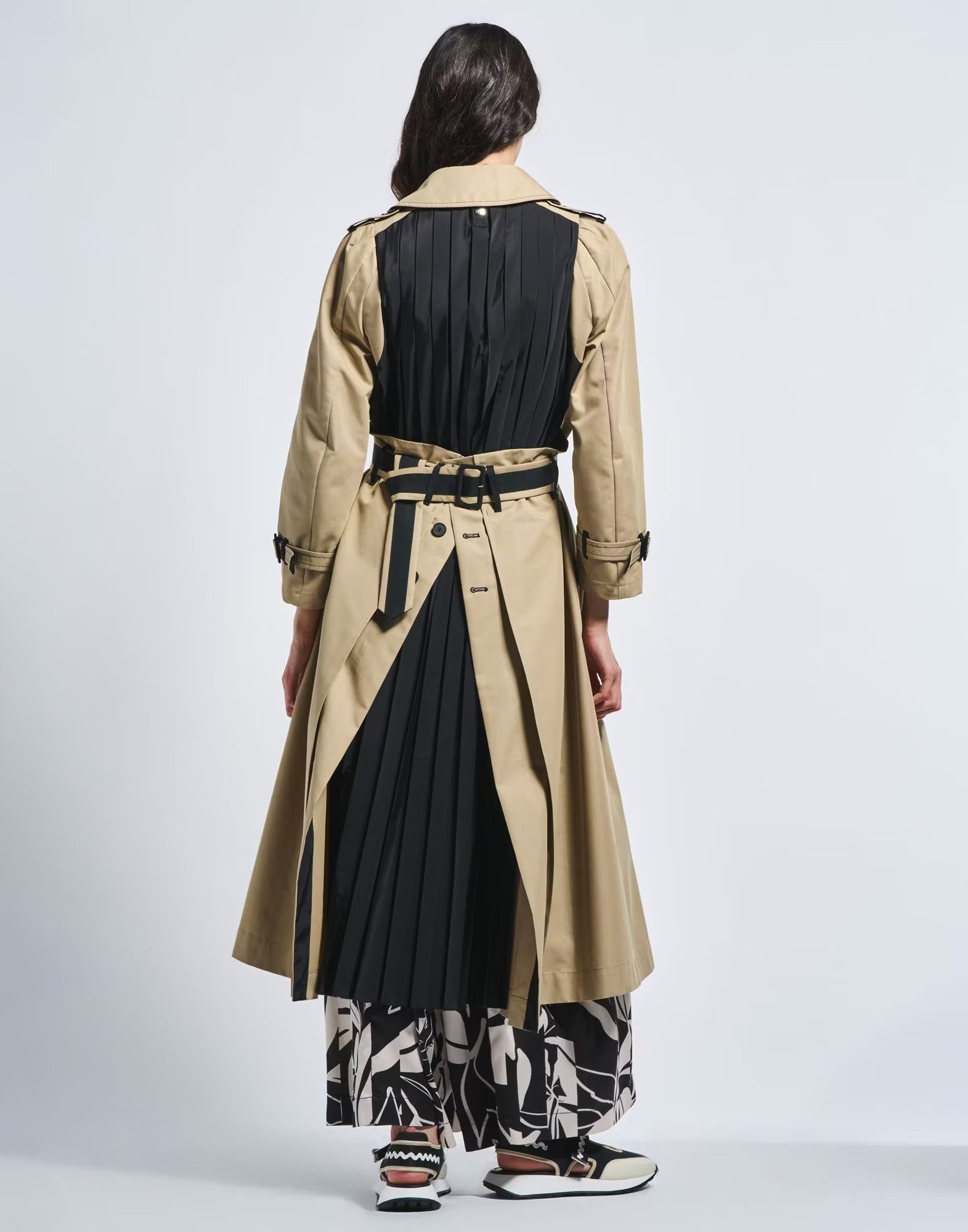 Intercept Double-breasted beige trench with black pleated back