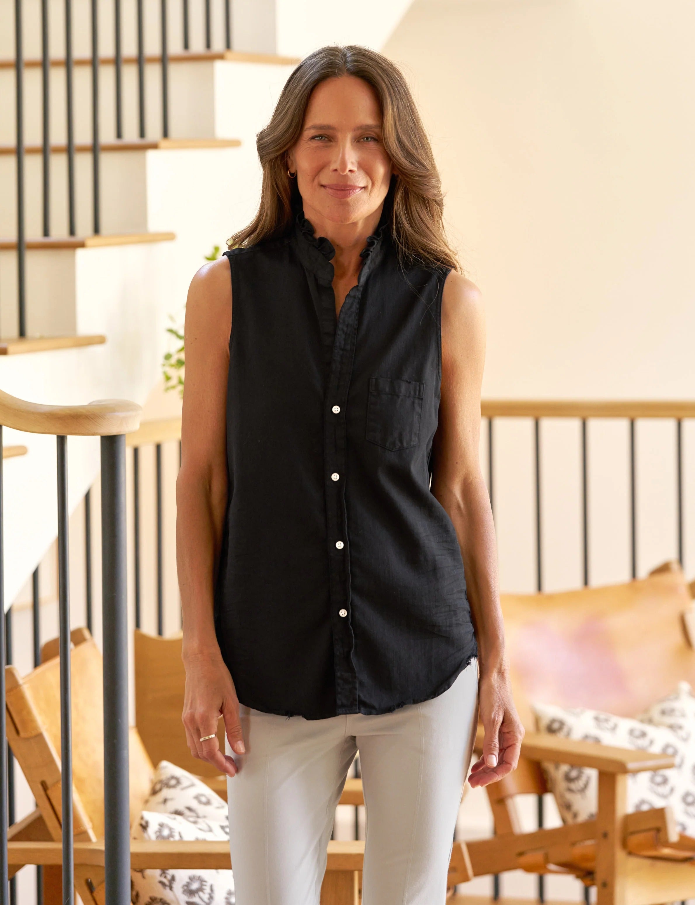 Fiona Black Ruffle Collar Sleeveless Button-Up Shirt