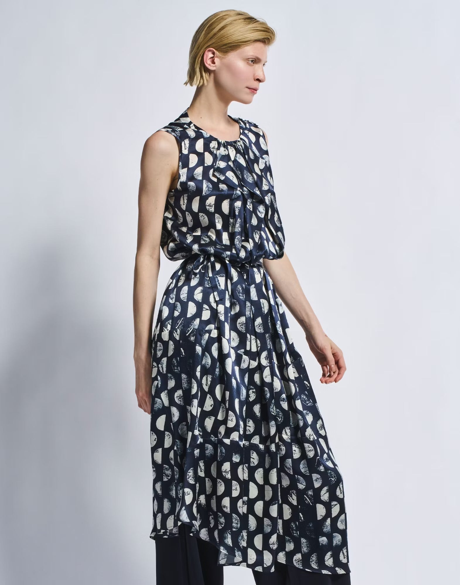 Perfectionist Silk satin midi dress with blue and white polka dots