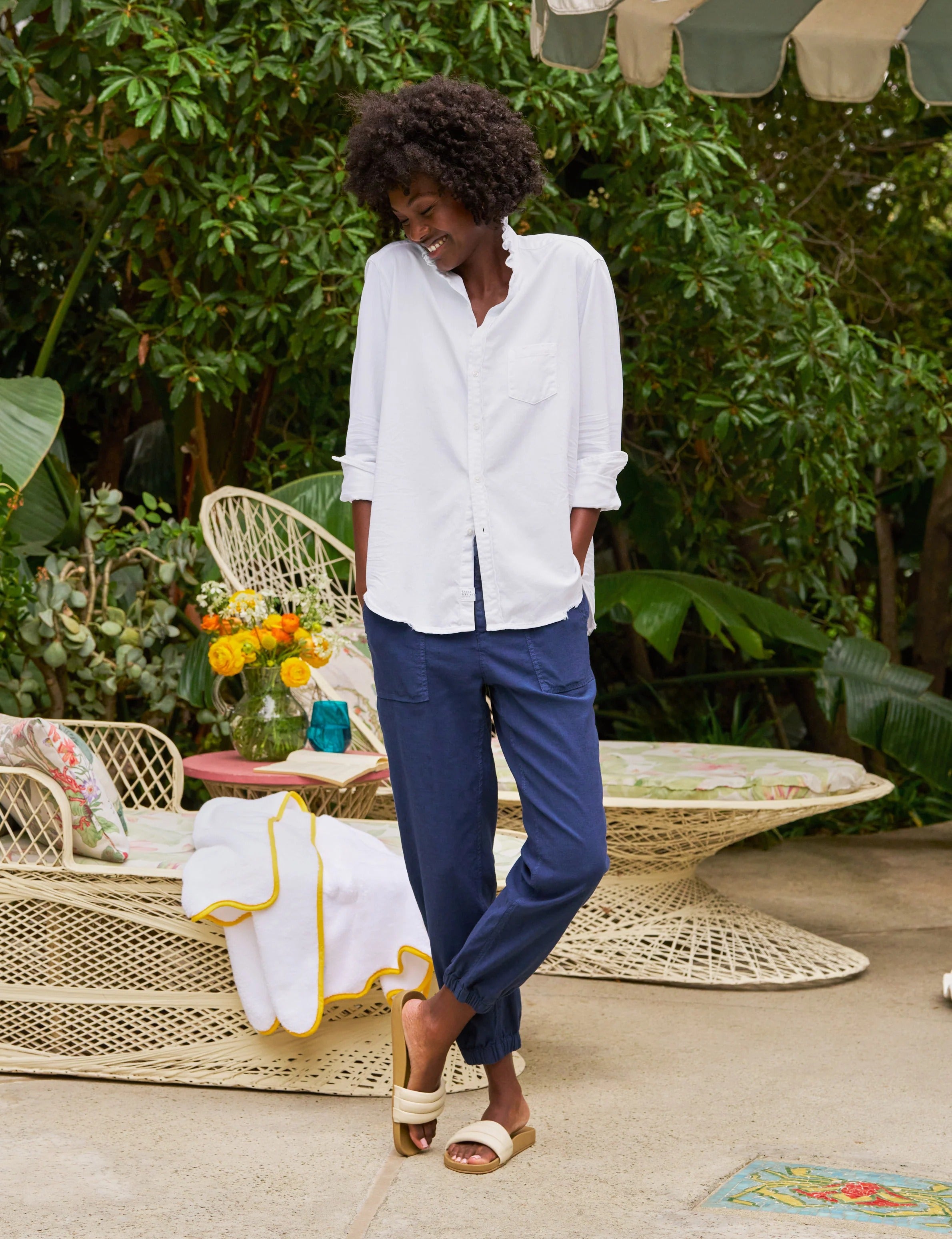 Eileen White Ruffle Collar Button-Up Shirt