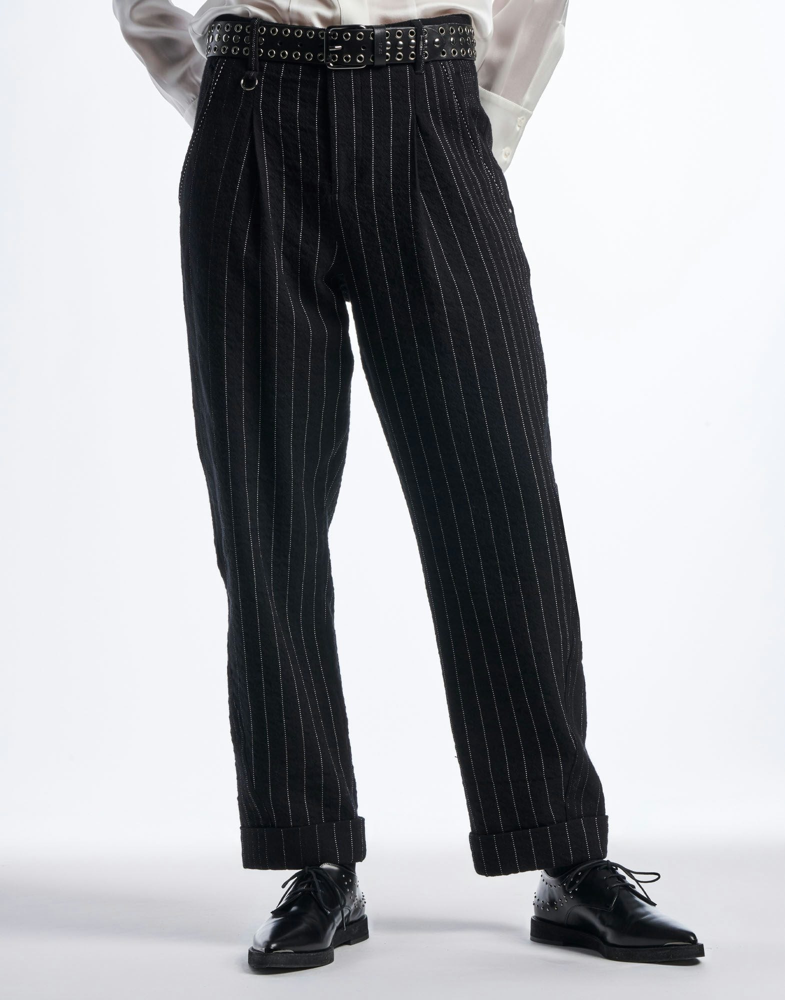 Modernist  Tailored pants in irregular pinstripe