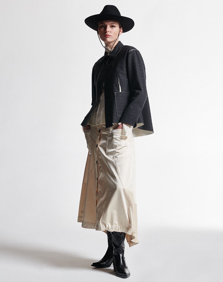 Compassion Short boxy jacket in ivory and grey broken check