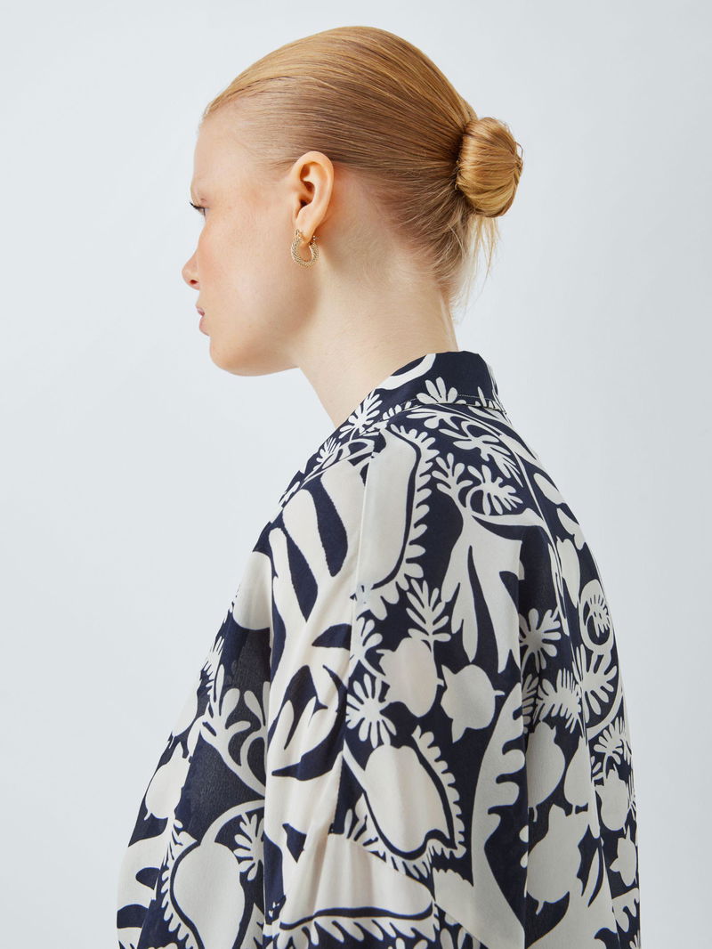 Peana Botanical Print Navy Silk Shirt