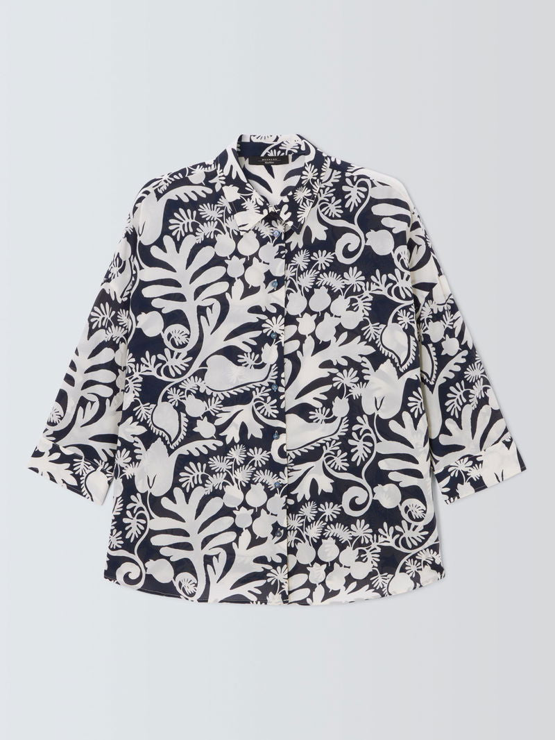 Peana Botanical Print Navy Silk Shirt