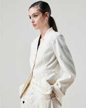 Affinity Pinstripe Collarless Jacket in Off White