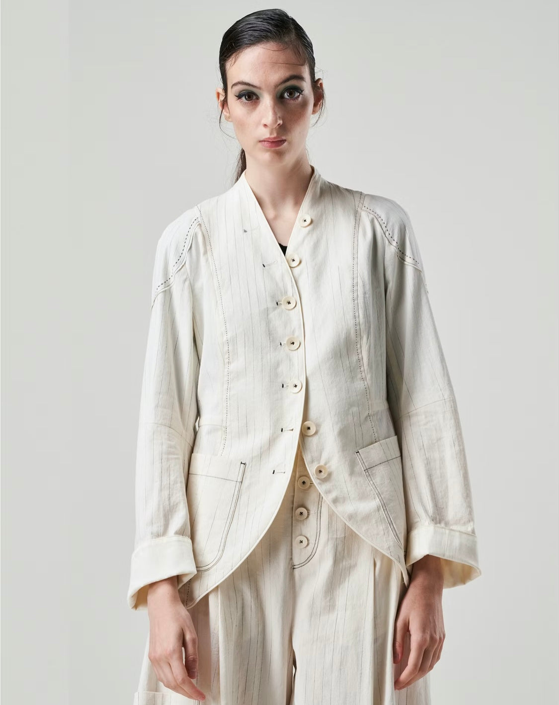 Affinity Pinstripe Collarless Jacket in Off White