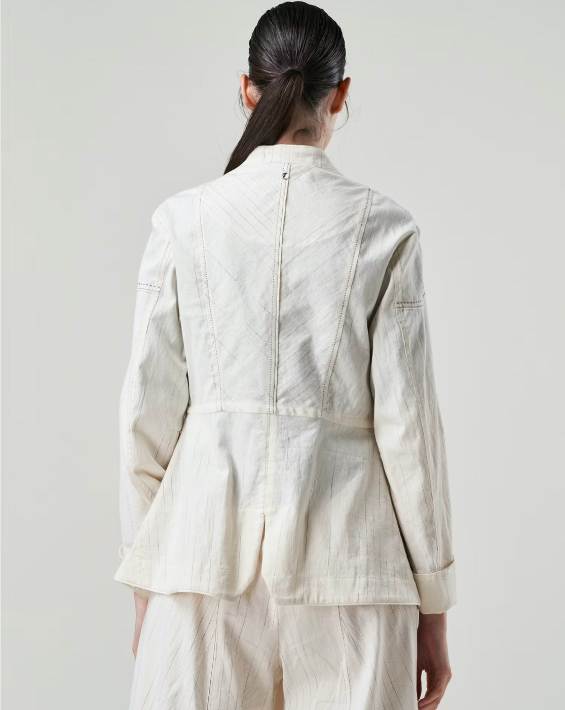 Affinity Pinstripe Collarless Jacket in Off White