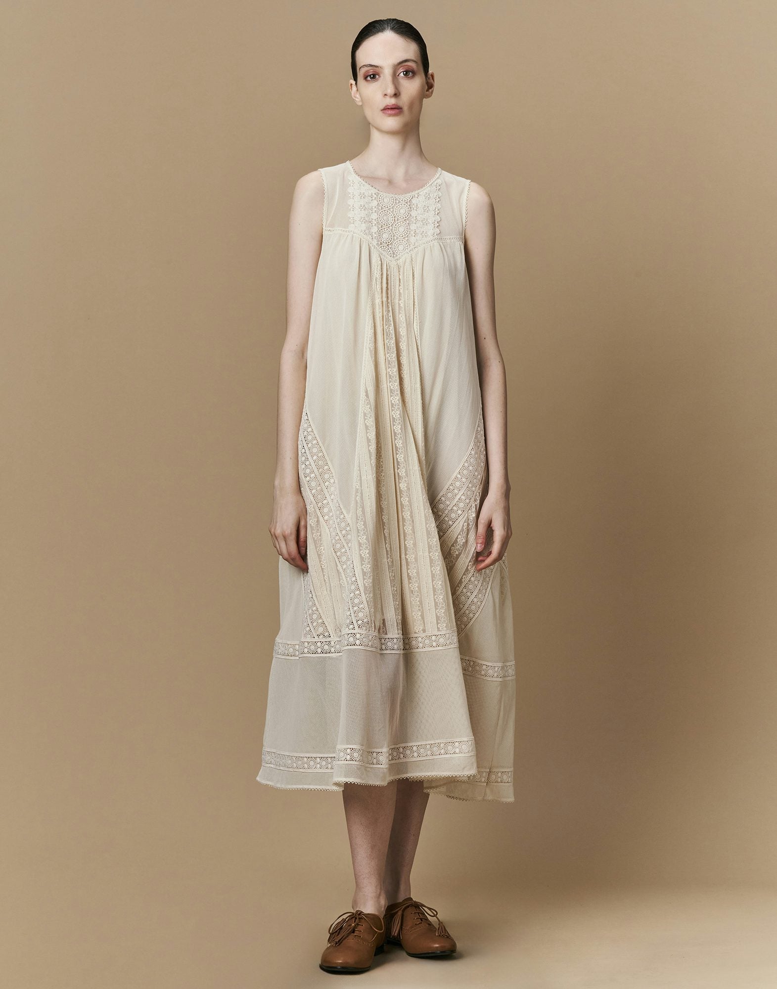 Virtuous ecru cotton tulle dress with lace applique