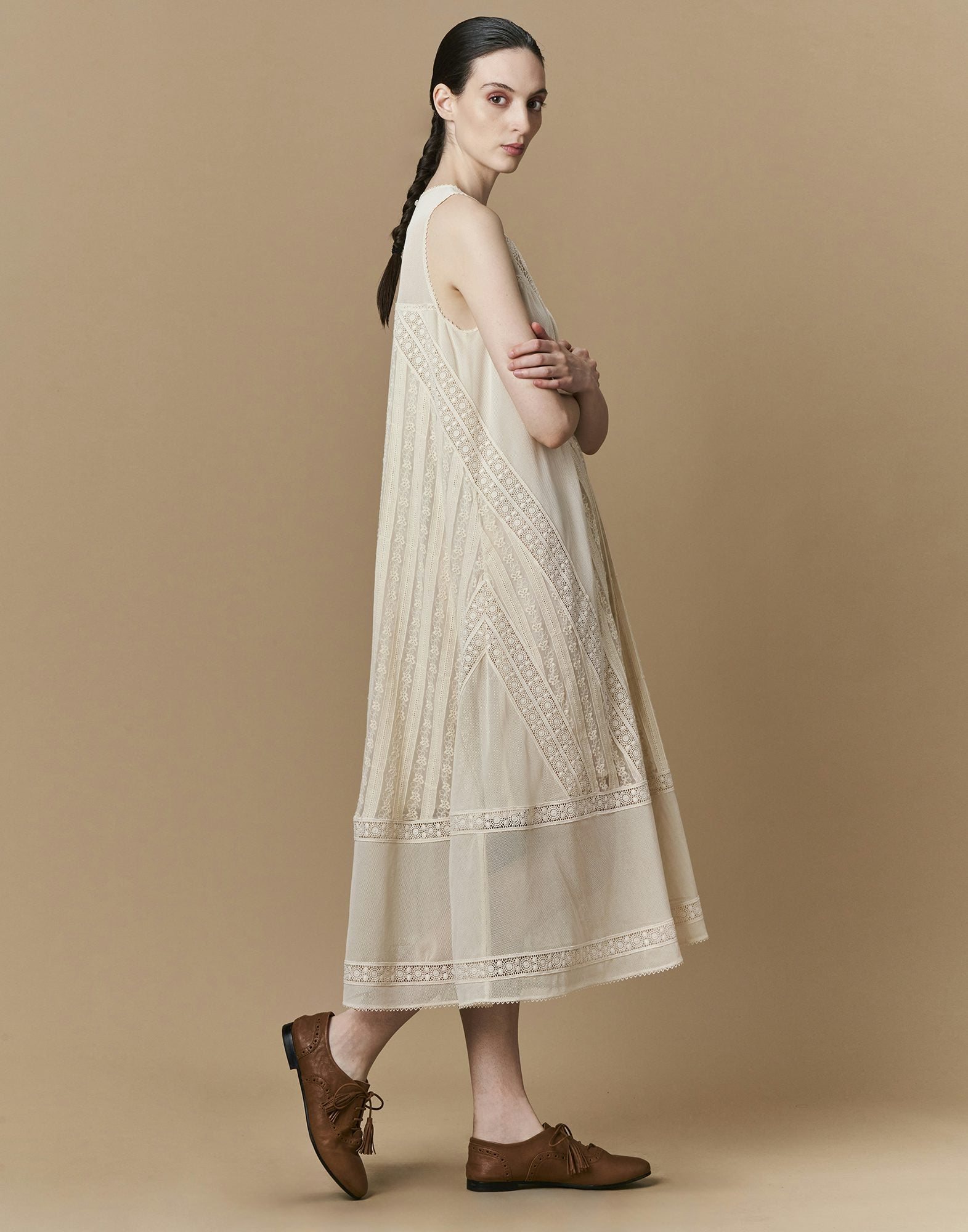 Virtuous ecru cotton tulle dress with lace applique