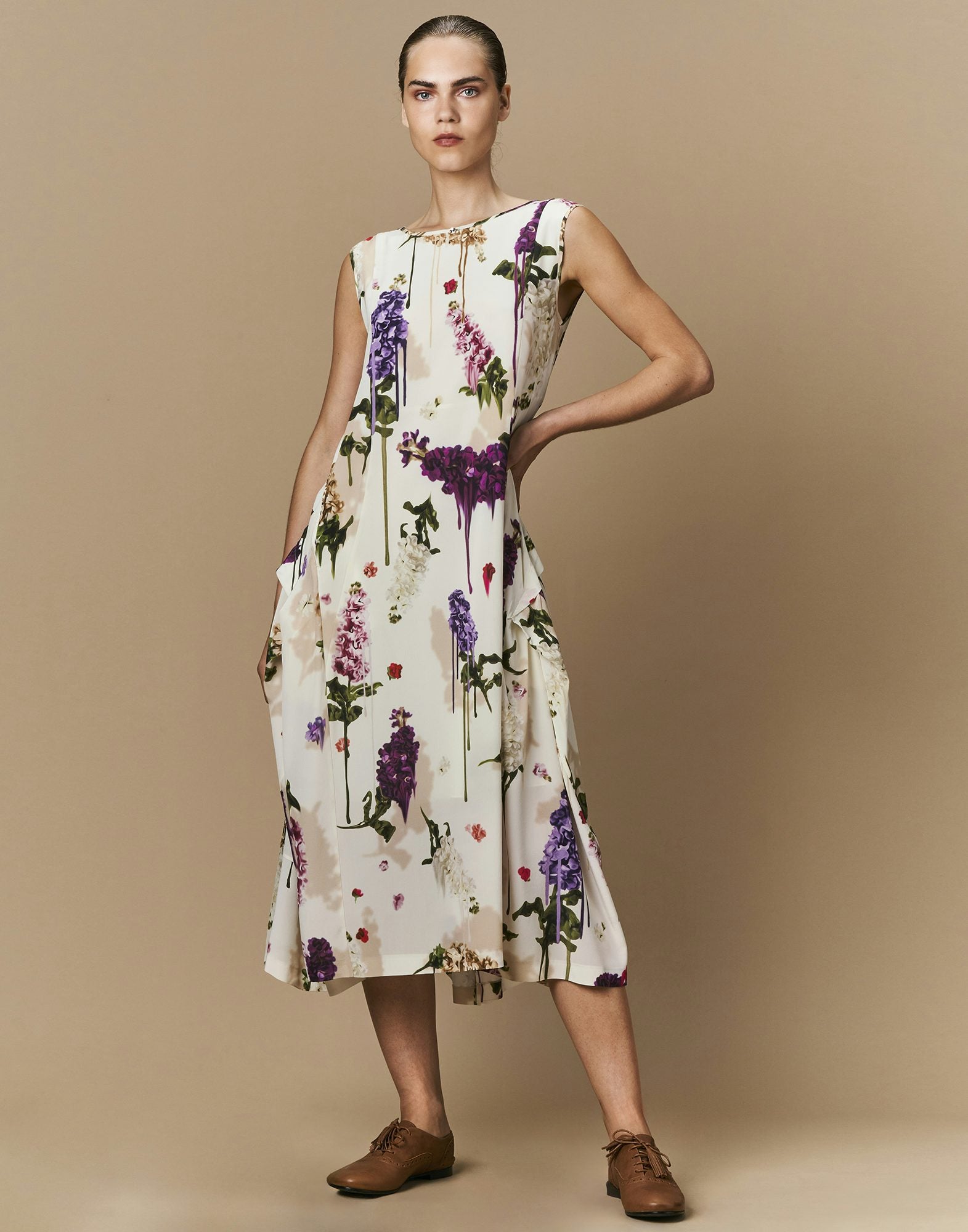 Dappled Light ivory flowing sleeveless dress in floral printed silk