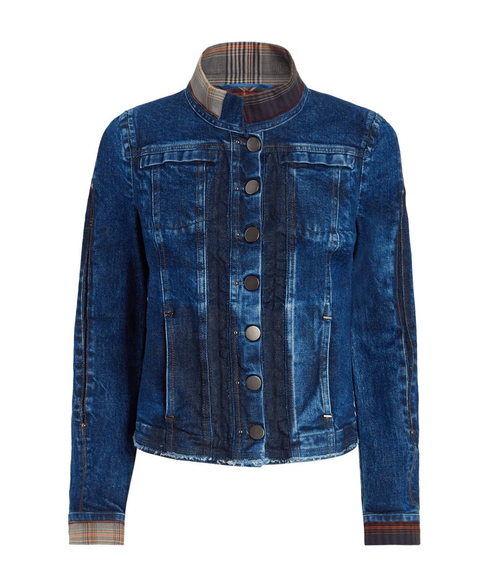 High Everyday Couture Tactical slim-fit blue denim jacket with ombré effect and tartan inserts