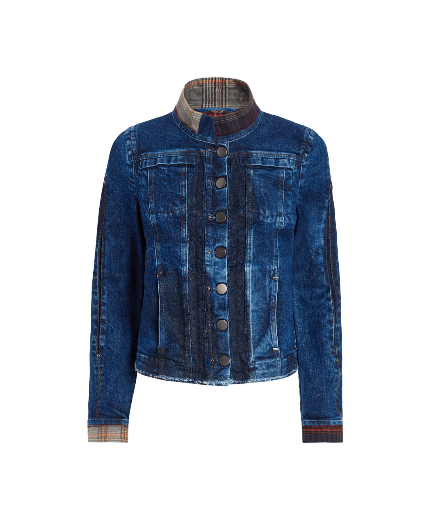 High Everyday Couture Tactical slim-fit blue denim jacket with ombré effect and tartan inserts