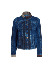 Tactical slim-fit blue denim jacket with ombré effect and tartan inserts