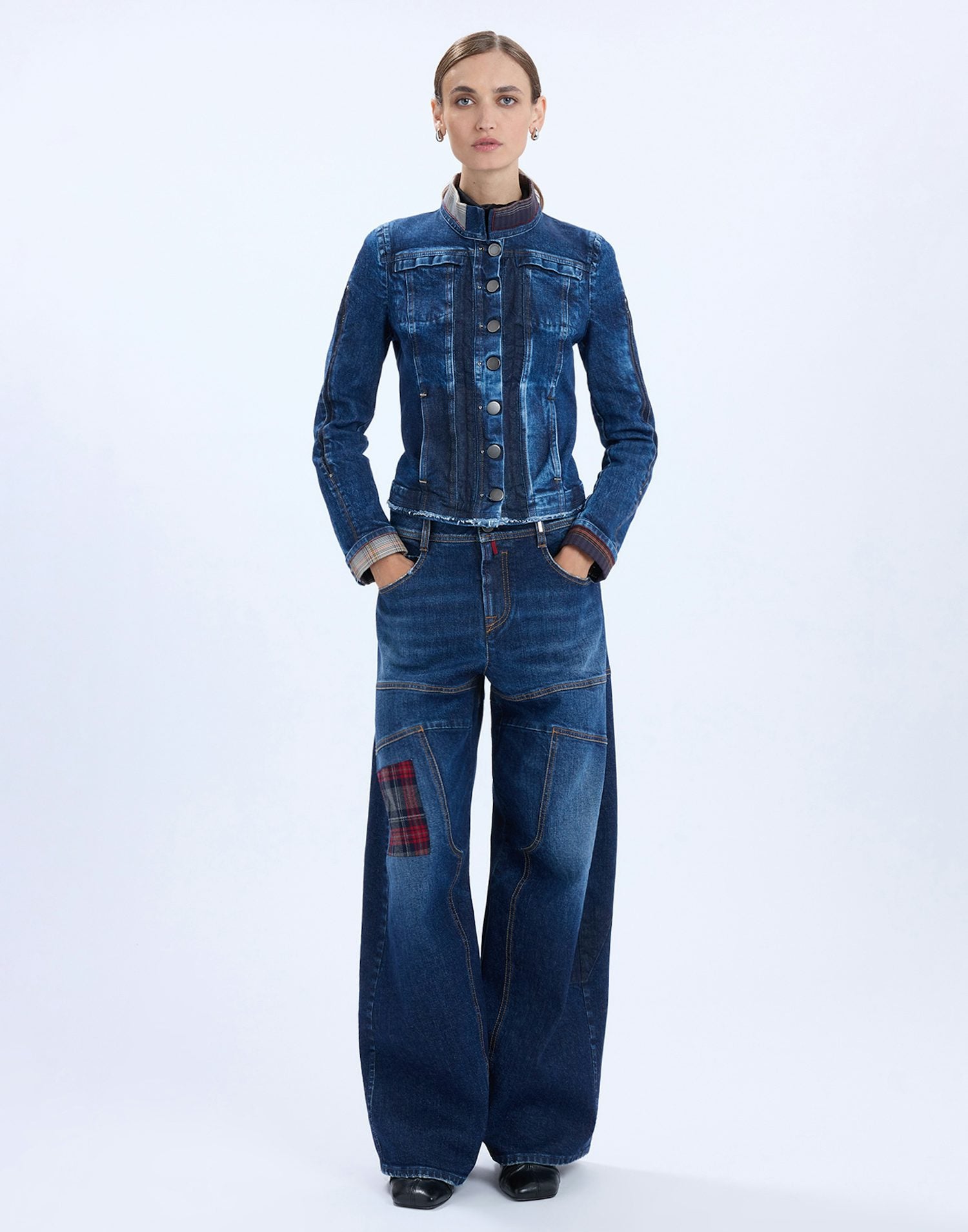 Tactical slim-fit blue denim jacket with ombré effect and tartan inserts