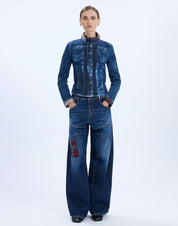Tactical slim-fit blue denim jacket with ombré effect and tartan inserts
