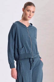 Cotton knit, zip and hooded Jacket Blue Slate