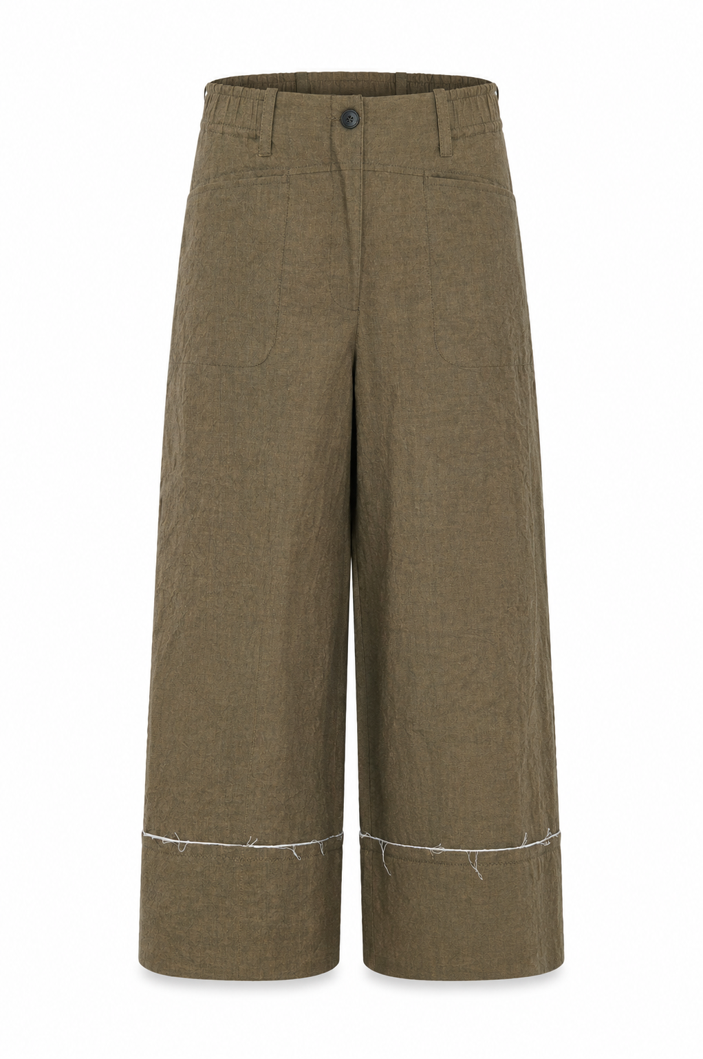 Bravo Relaxed Linen Blend Culottes with Contrast Raw Edges Khaki