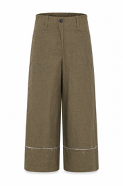 Bravo Relaxed Linen Blend Culottes with Contrast Raw Edges Khaki