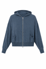 Cotton knit, zip and hooded Jacket Blue Slate