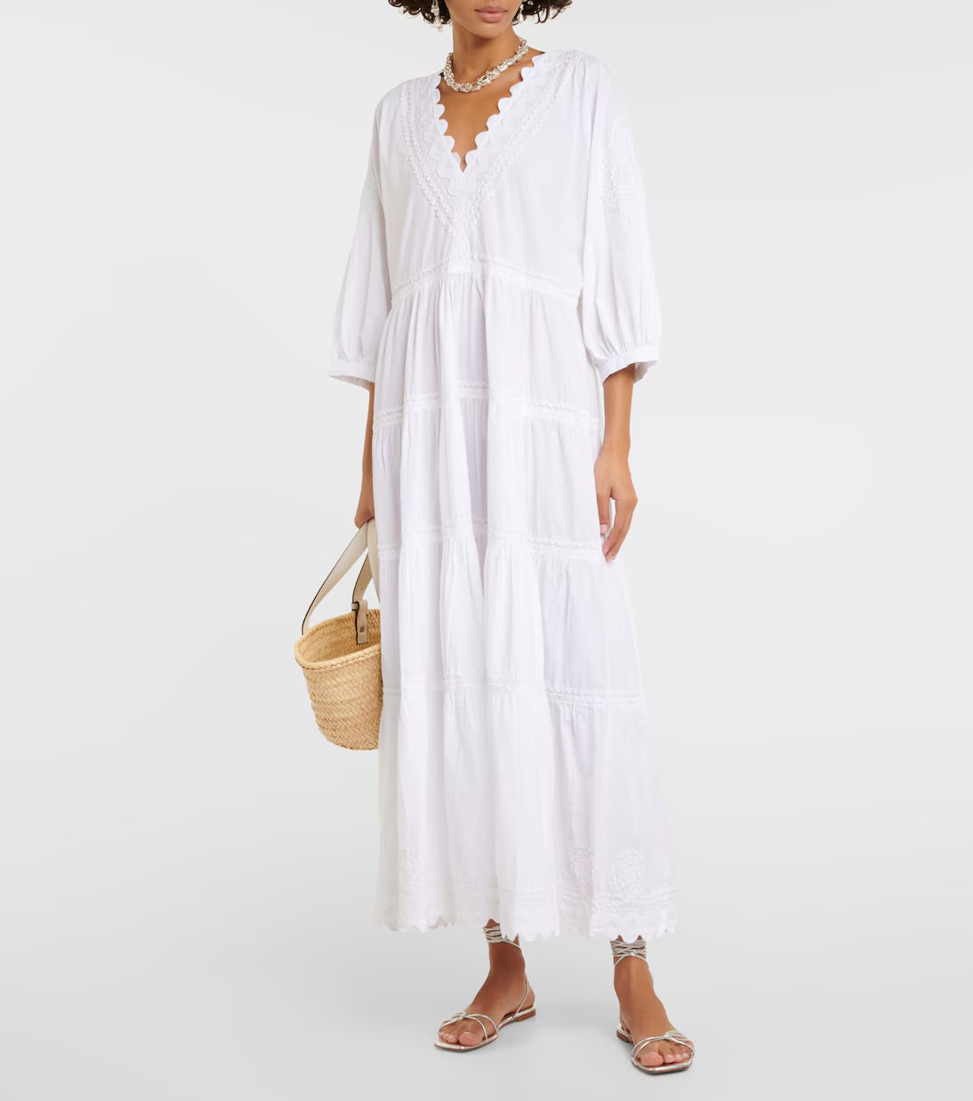 Maxi V-Neck Dress with Ric Rac Embroidery