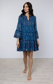 Mosaic Print Flared Sleeve Dress in Peacock