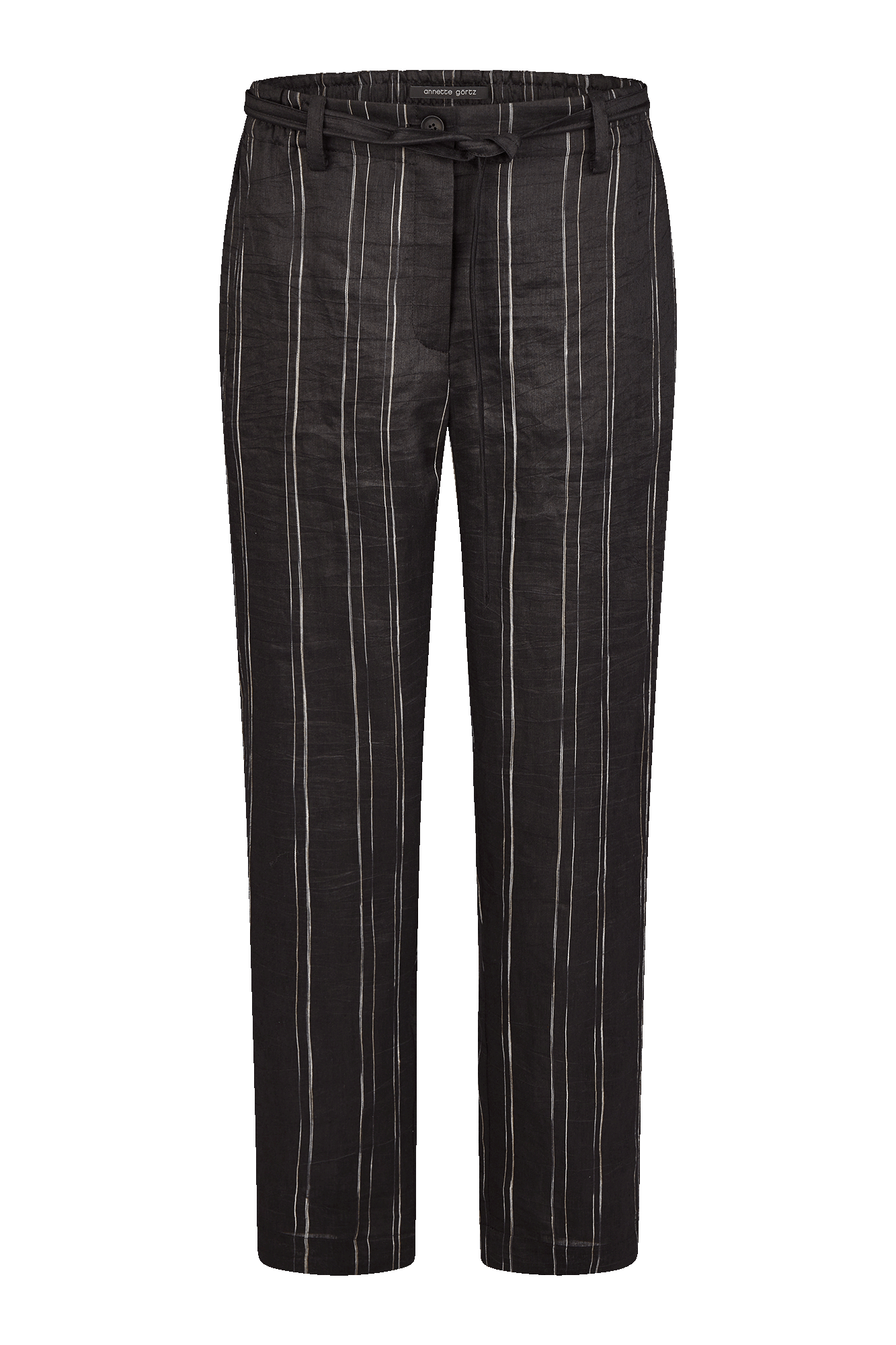 Black/white pants with an elastic waistband and tie belt.
