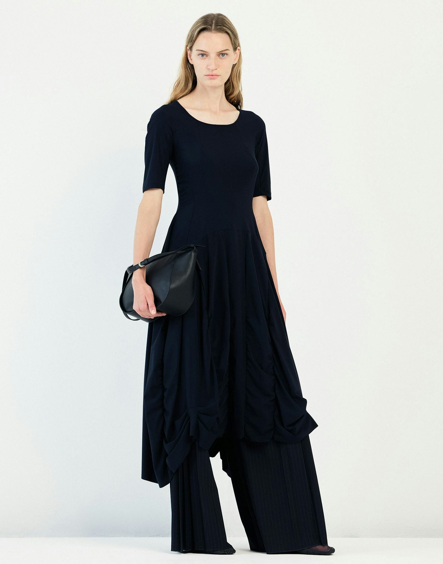 On Top Midnight Blue Midi Dress with Draping