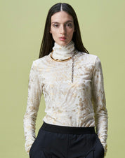 Logical turtleneck top in lace jersey with gold floral over-print