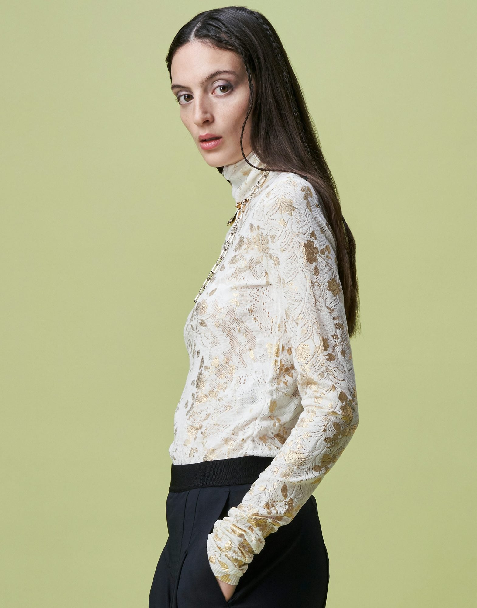 Logical turtleneck top in lace jersey with gold floral over-print