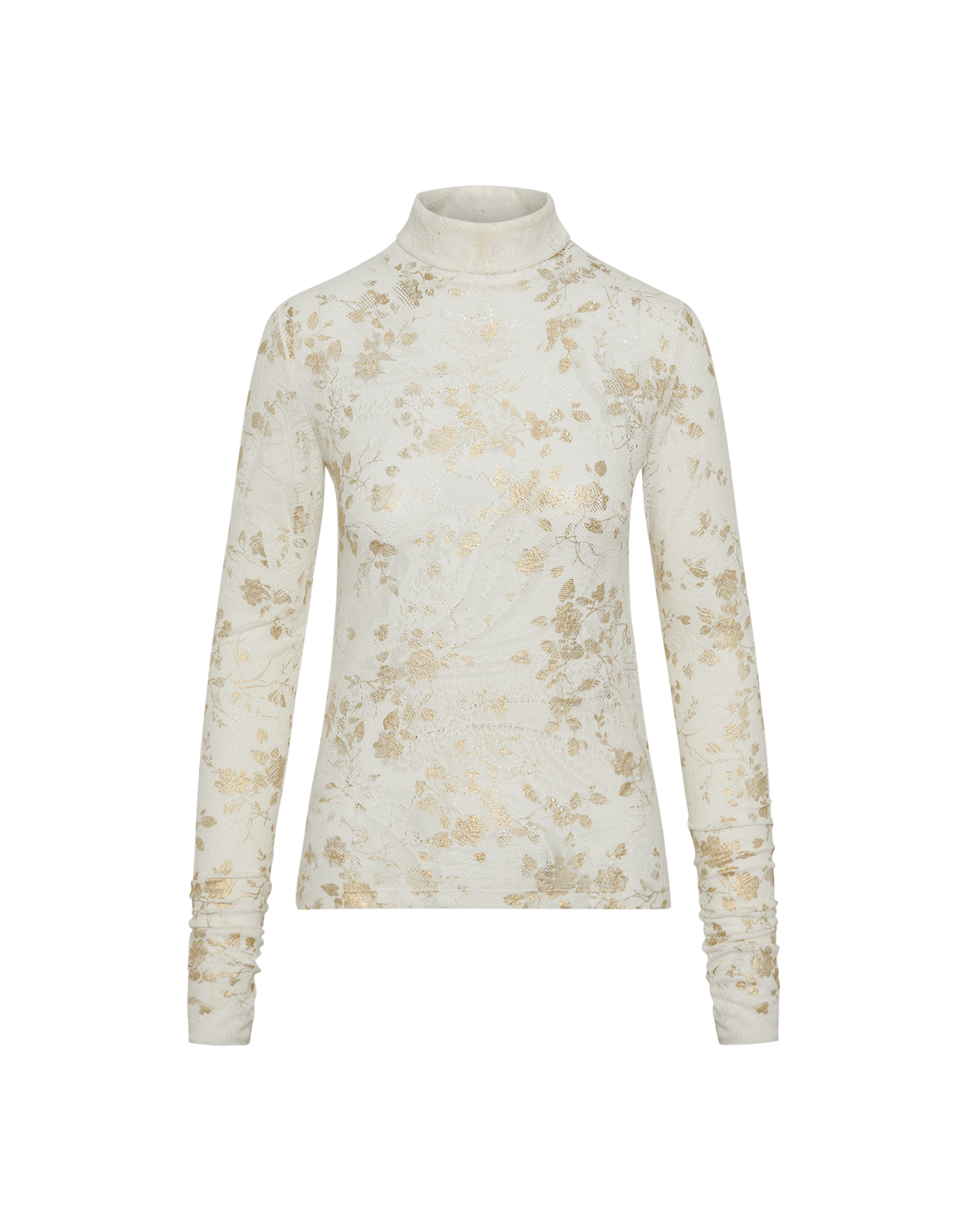 Logical turtleneck top in lace jersey with gold floral over-print