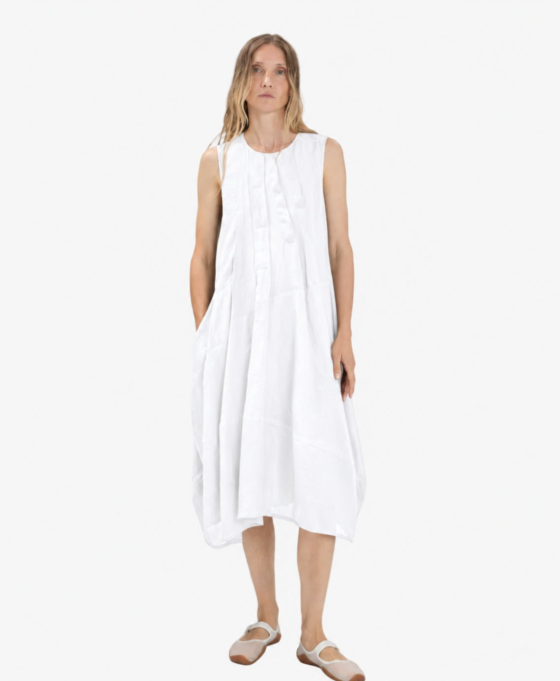 Shape Up White Ramie Balloon Midi Dress