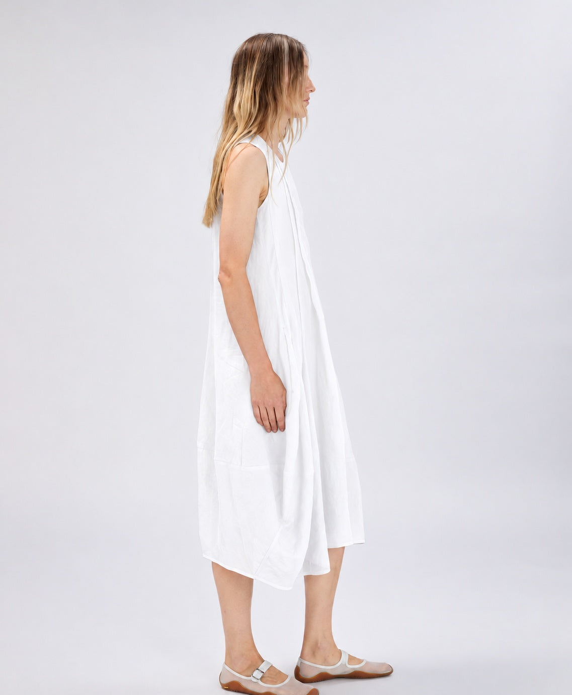 Shape Up White Ramie Balloon Midi Dress