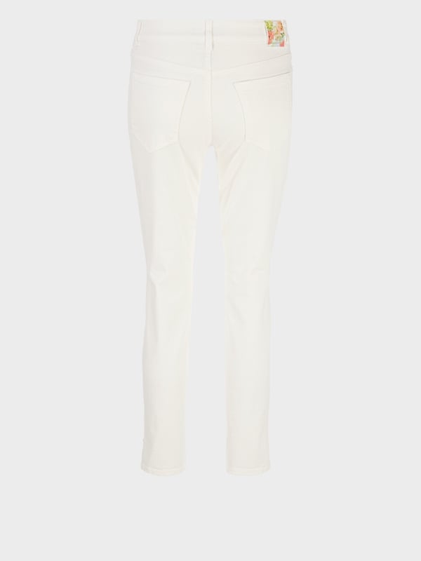 White Denim pants 7/8 length buttoned at hem zip fly