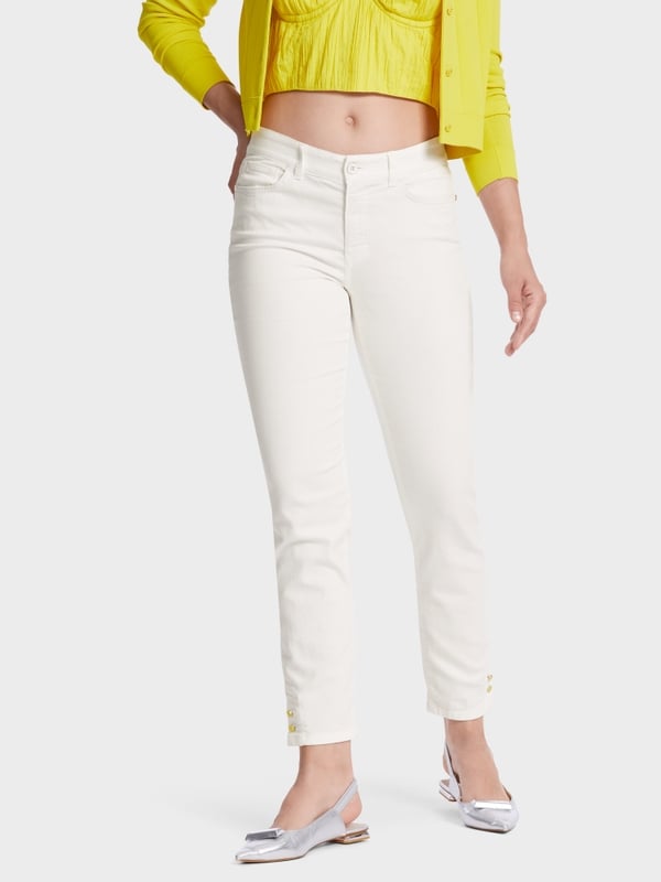 White Denim pants 7/8 length buttoned at hem zip fly