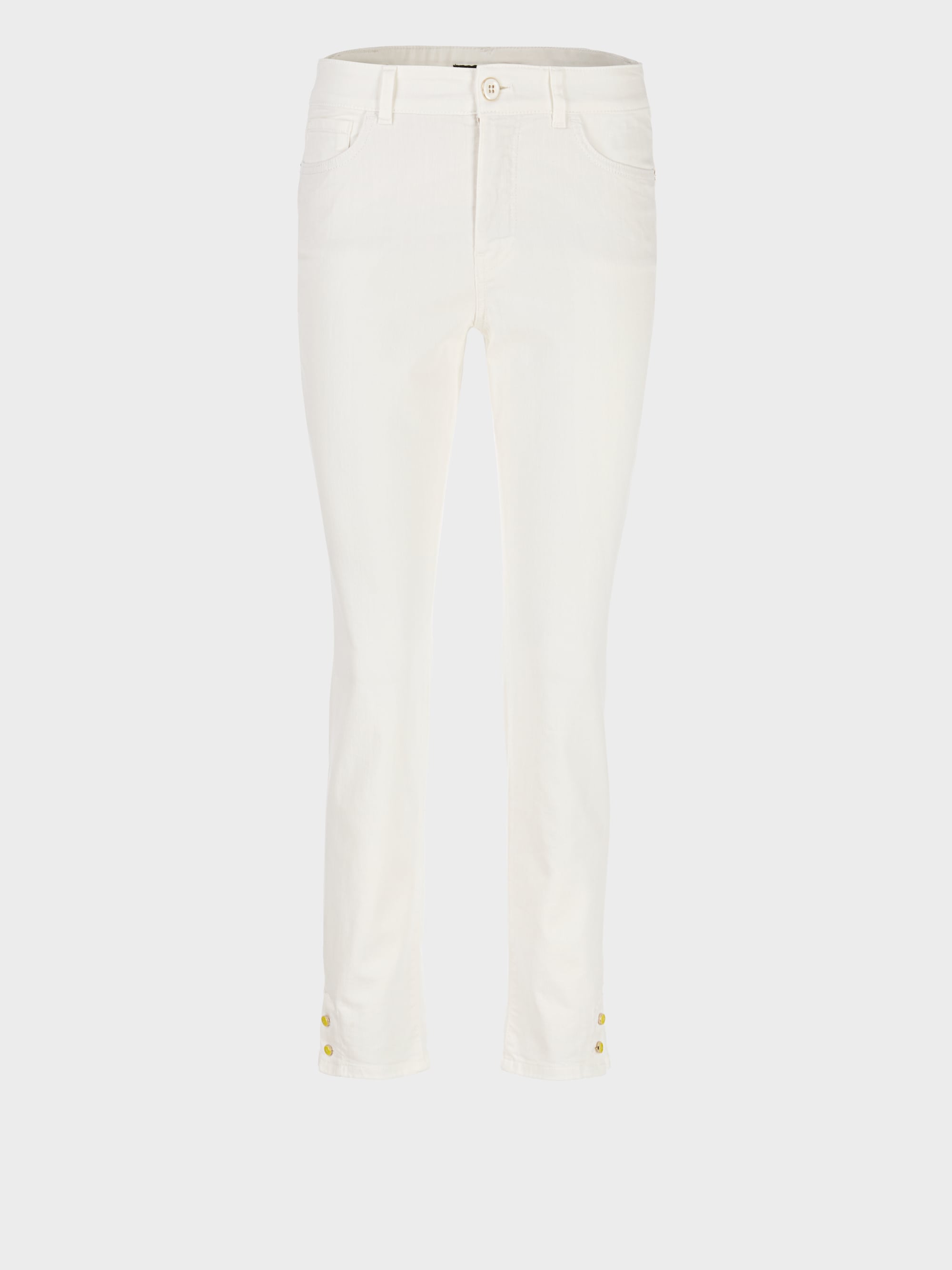 White Denim pants 7/8 length buttoned at hem zip fly