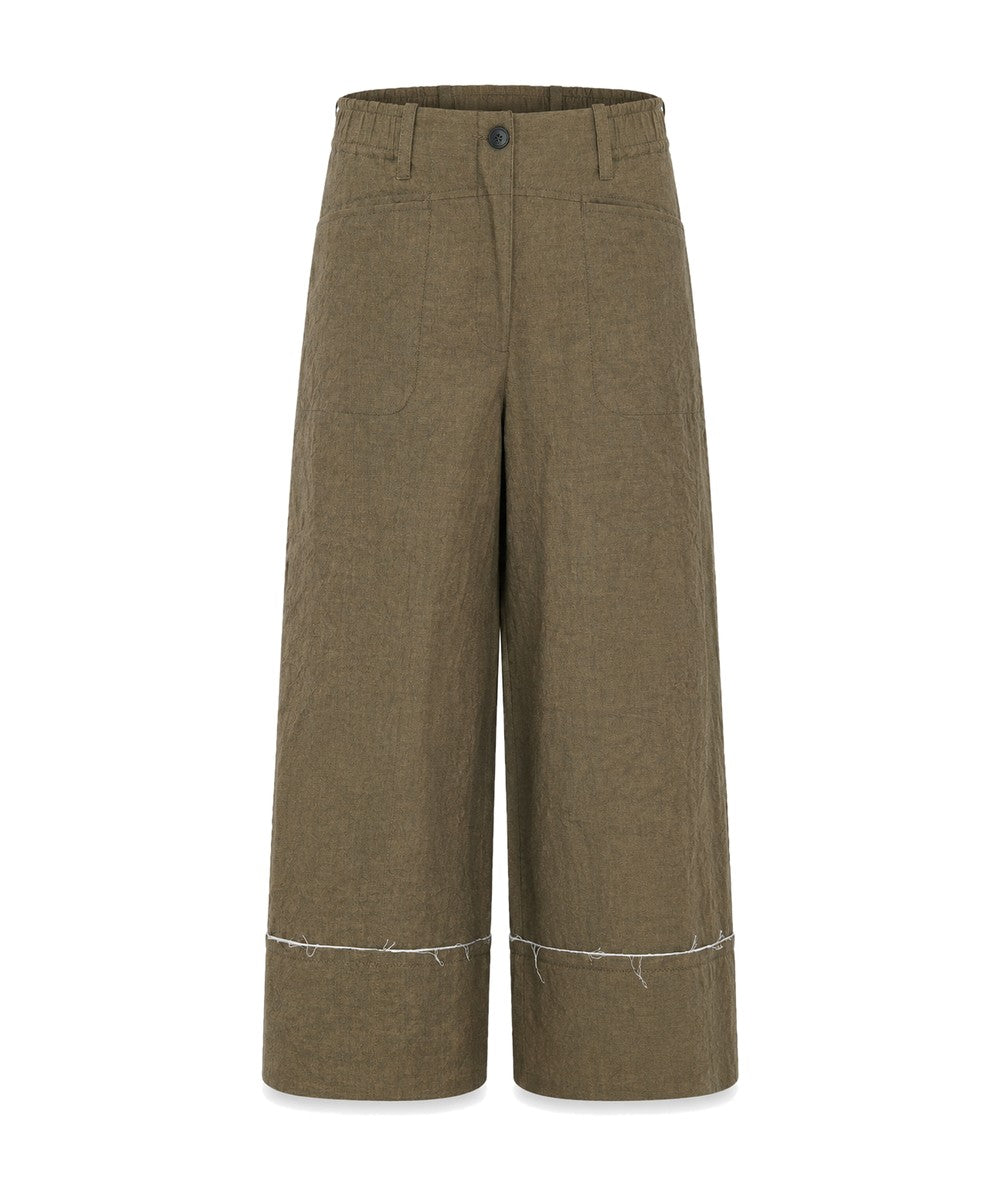 Annette Gortz Bravo Relaxed Linen Blend Culottes with Contrast Raw Edges Khaki