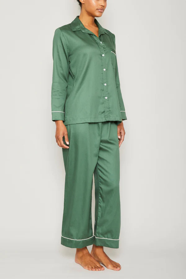 Evergreen Cotton Sateen Long Sleeve Pajama Set - Piped in Cream