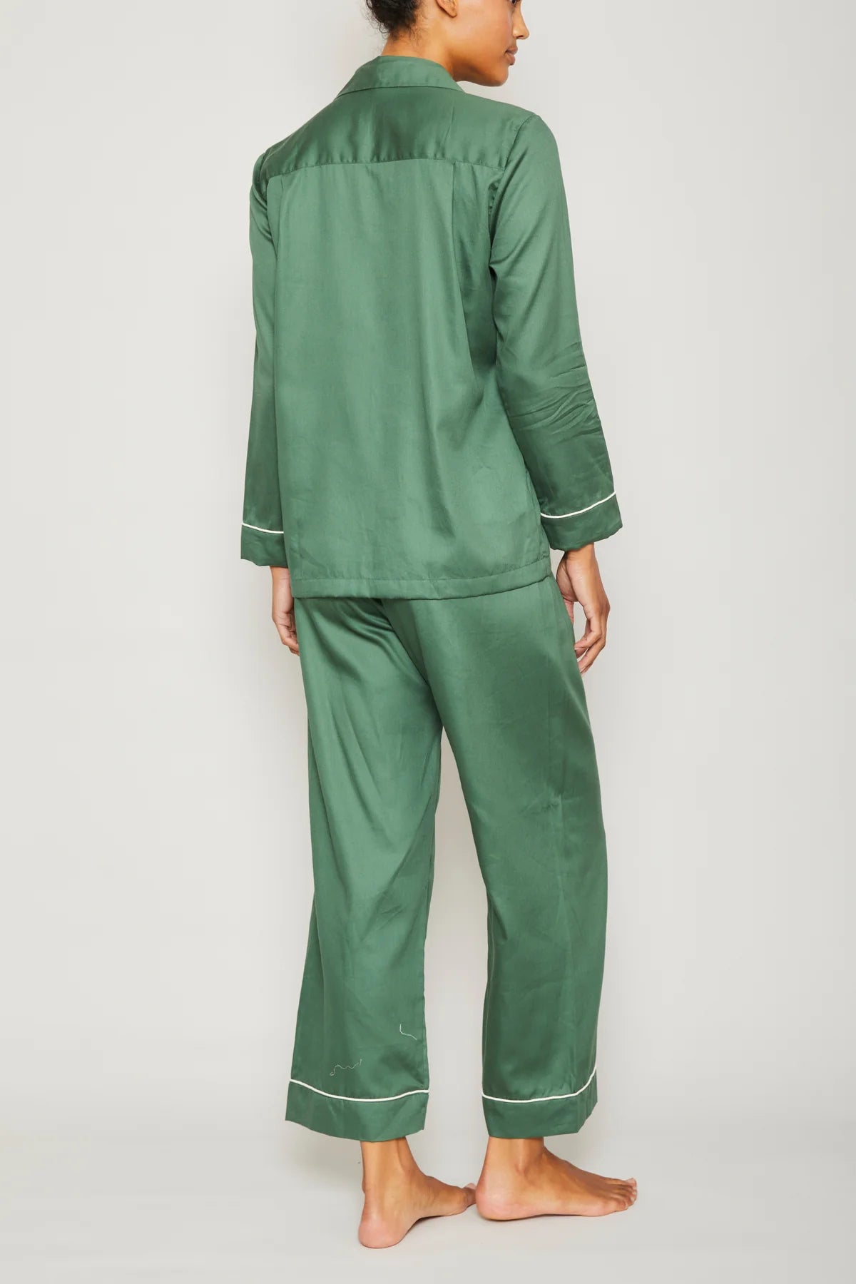 Evergreen Cotton Sateen Long Sleeve Pajama Set - Piped in Cream