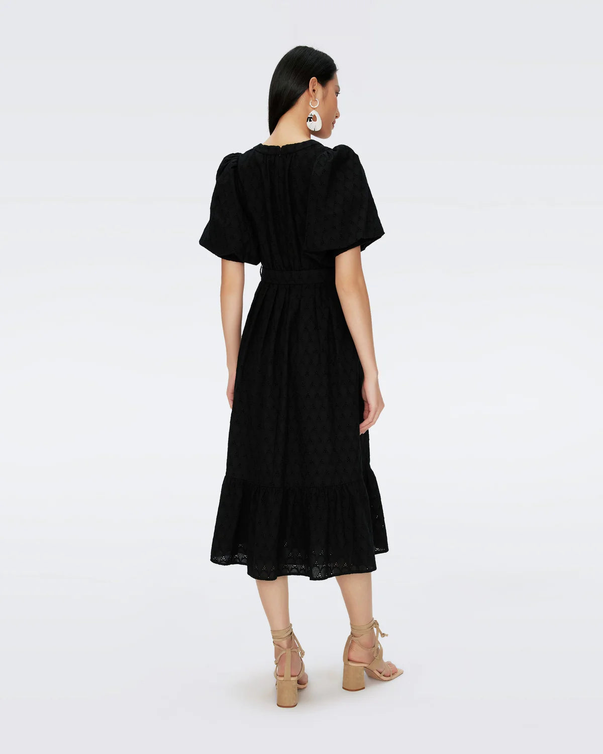 Polina Puff-Sleeve Flounce Eyelet Midi Dress