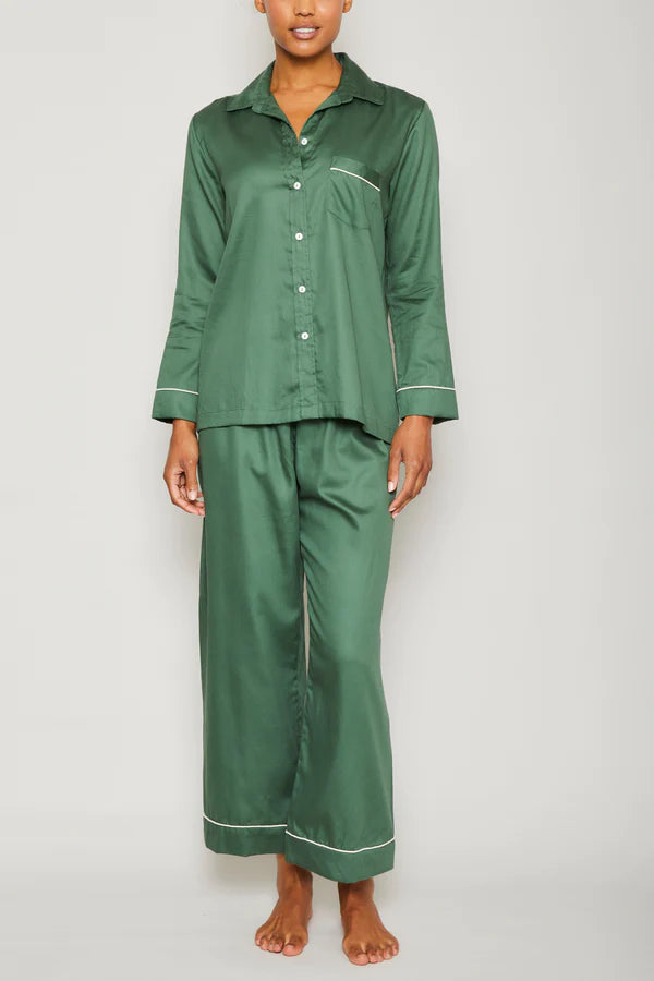 Evergreen Cotton Sateen Long Sleeve Pajama Set - Piped in Cream